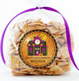 Spooky house Halloween party sticker on orange background