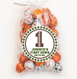 Sports-themed first birthday sticker with star border