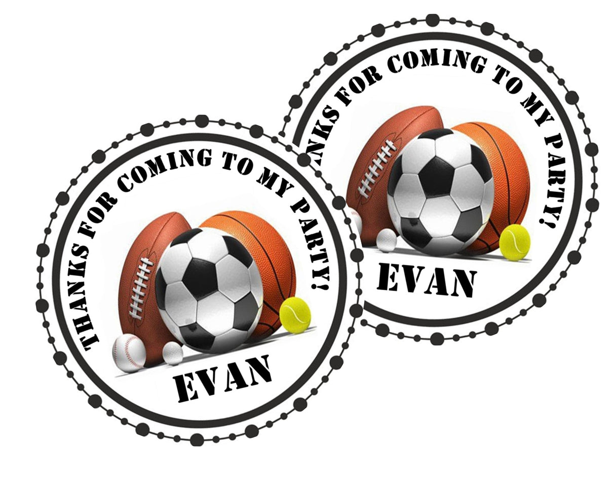 Sports ball birthday sticker with soccer, football, baseball, tennis and basketball design