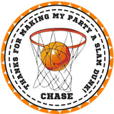 Sports basketball birthday sticker with hoop design and custom text
