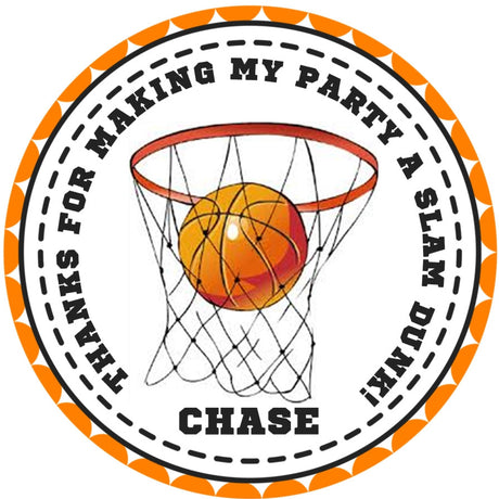 Sports basketball birthday sticker with hoop design and custom text