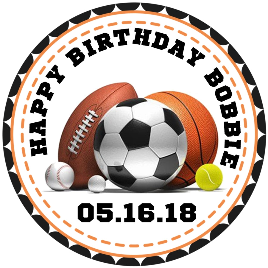 Sports birthday sticker with football soccer basketball and baseball design