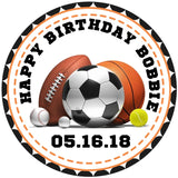 Sports birthday sticker with football soccer basketball and baseball design