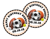 Sports party favor label with soccer, basketball, football, and tennis balls