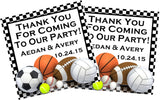 Sports party favor sticker with soccer, basketball, football, baseball, and tennis graphics