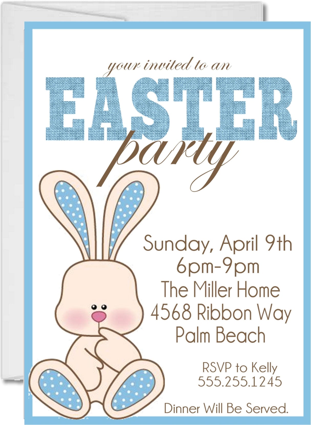 Spring Easter celebration invitation with blue polka dot accents