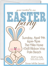 Spring Easter celebration invitation with blue polka dot accents