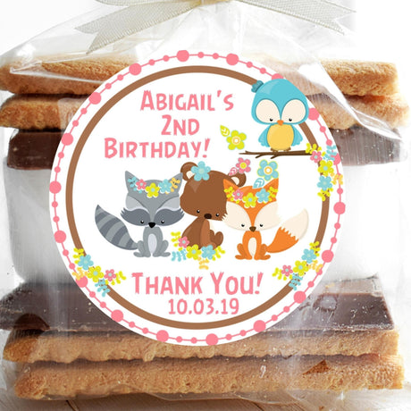 Spring woodland animal birthday sticker with floral crowns