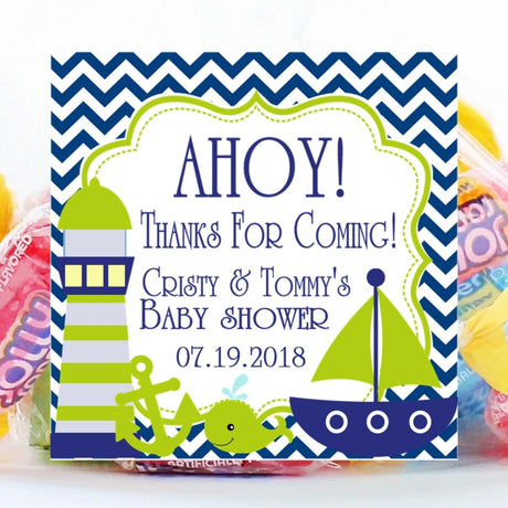 Square lime and blue anchor baby shower sticker