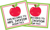 Square school labels featuring red apple illustrations
