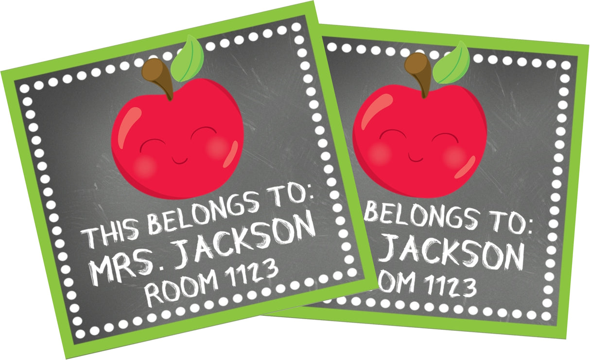 Square school supply labels featuring red apple illustrations