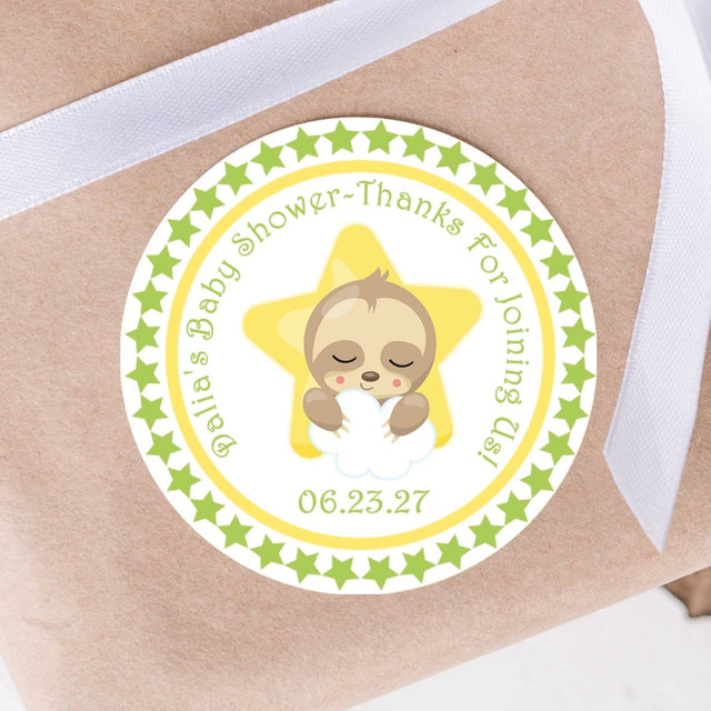Star sloth baby shower favor stickers with green border
