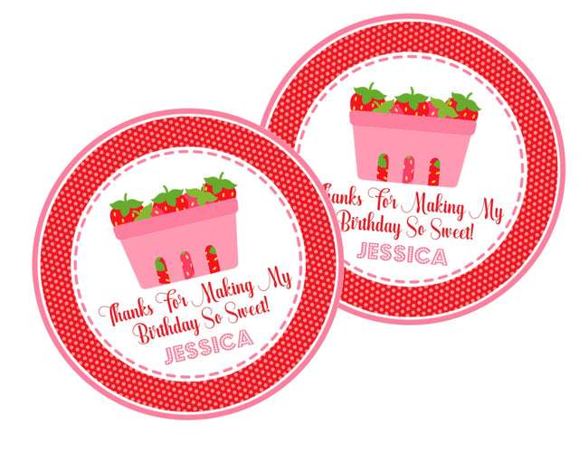 Strawberry basket birthday sticker with red dotted border