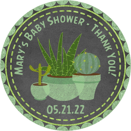 Succulent baby shower sticker with green cactus desert theme