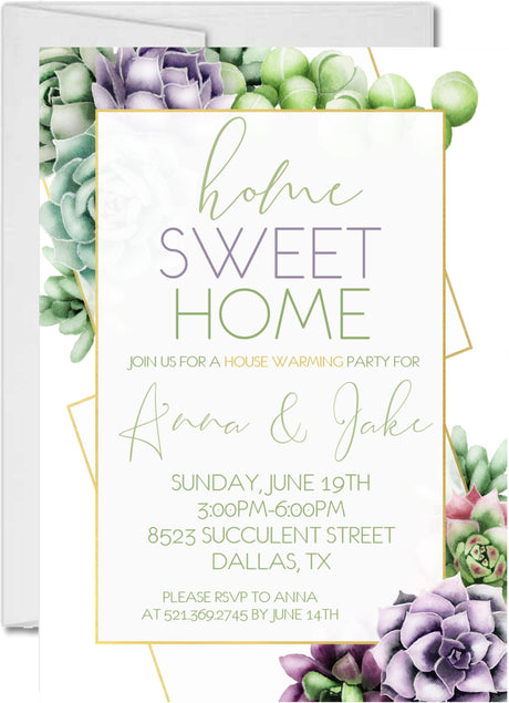 Succulent housewarming party invitation with greenery and lavender accents