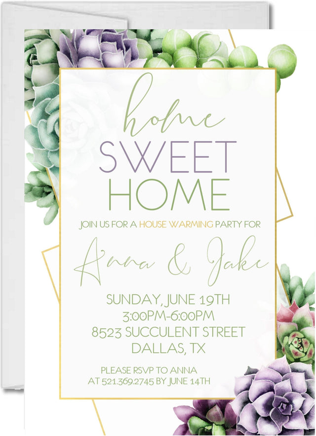 Succulent housewarming party invitation with greenery and lavender accents