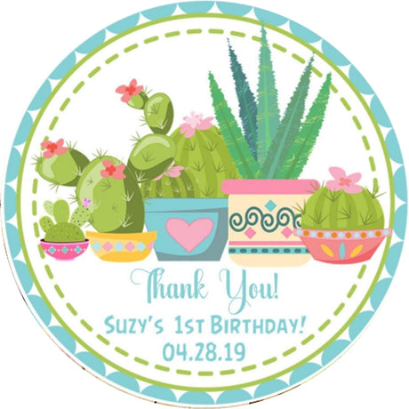 Succulent party sticker with cactus theme and personalized name