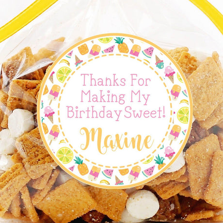 Summer birthday sticker with fruit-pattern border and personalized ice cream cone design