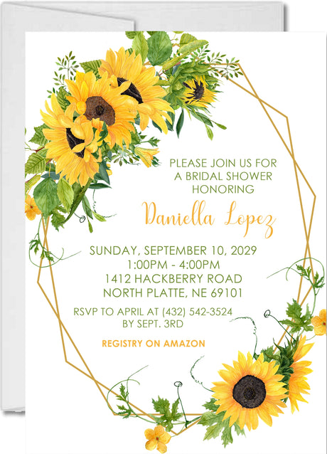 Sunflower bridal shower invitation with yellow flowers and greenery
