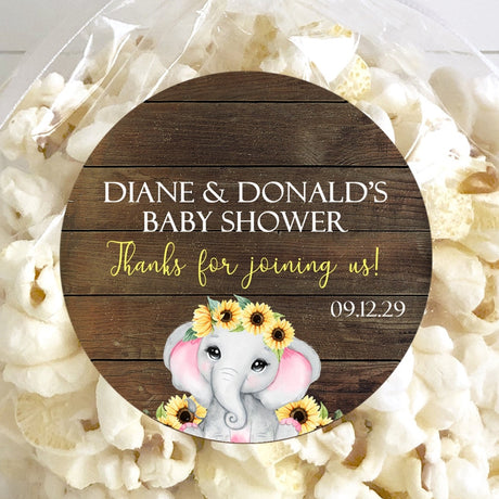 Rustic sunflower elephant baby shower favor sticker – watercolor design
