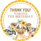 Sunflower farm animal birthday sticker cows sheep pig design