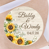 Sunflower wedding sticker with rustic wood background and personalized names