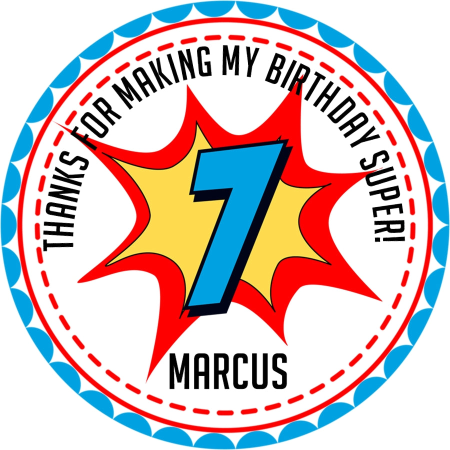 Superhero birthday sticker comic burst design
