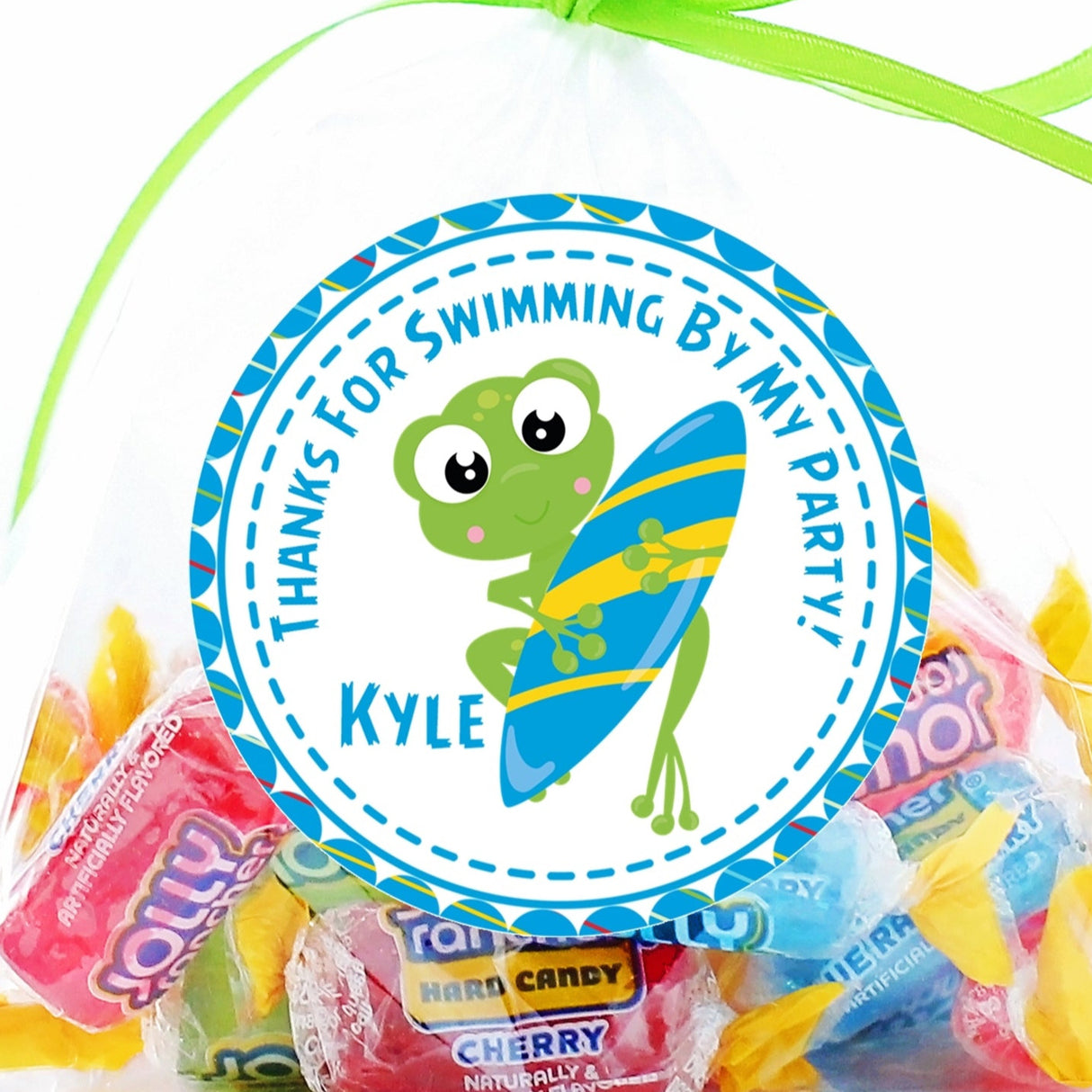 Surf frog birthday sticker with blue and yellow surfboard