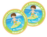 Surf party favor sticker with ocean wave design
