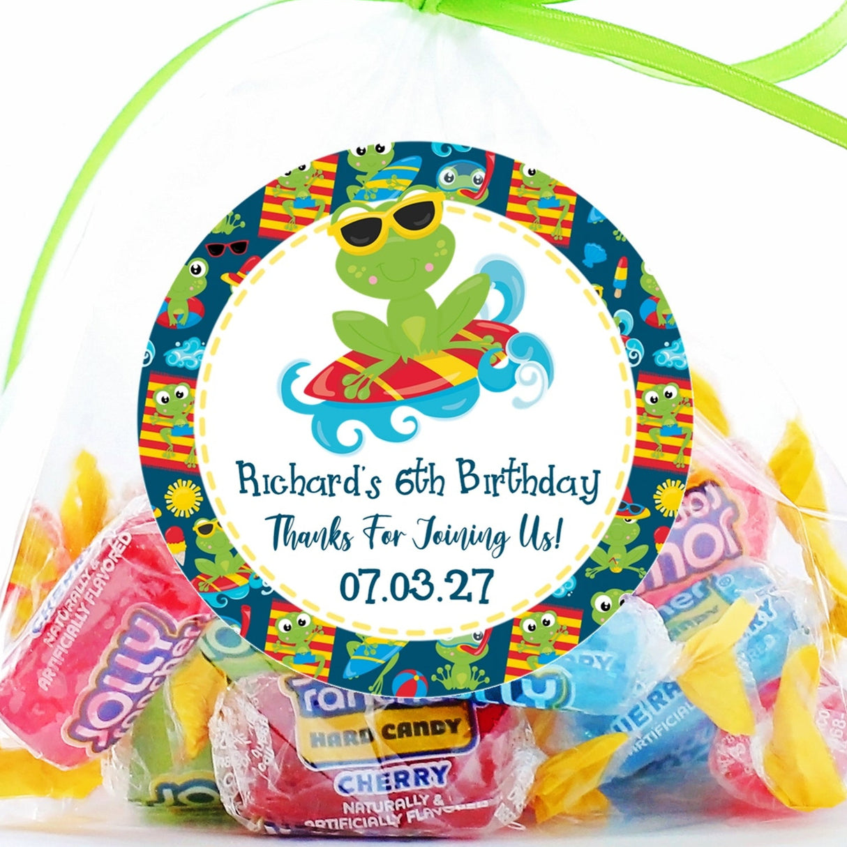 Surfing frog birthday sticker with colorful surfboard