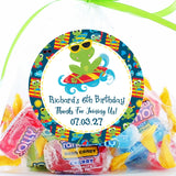 Surfing frog birthday sticker with colorful surfboard