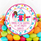 Surfing girl birthday sticker with beach hut