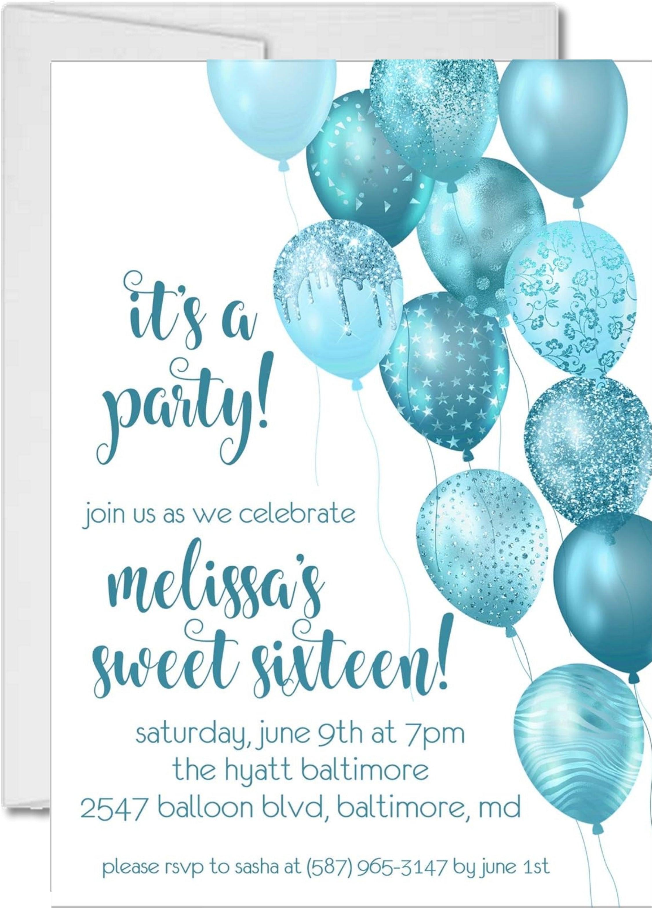 Turquoise Balloon Sweet 16 Party Invitations