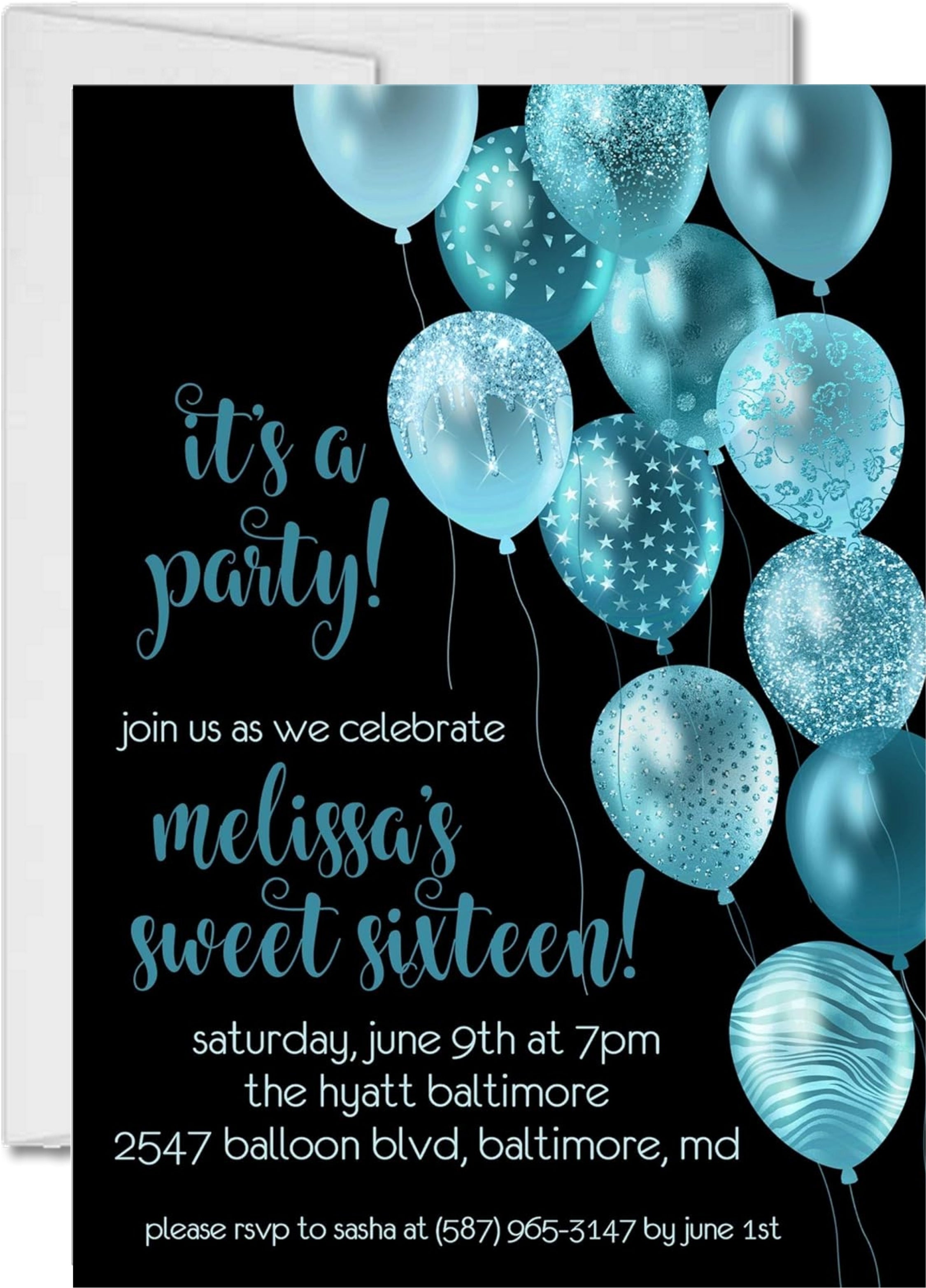 Turquoise And Black Balloon Sweet 16 Party Invitations