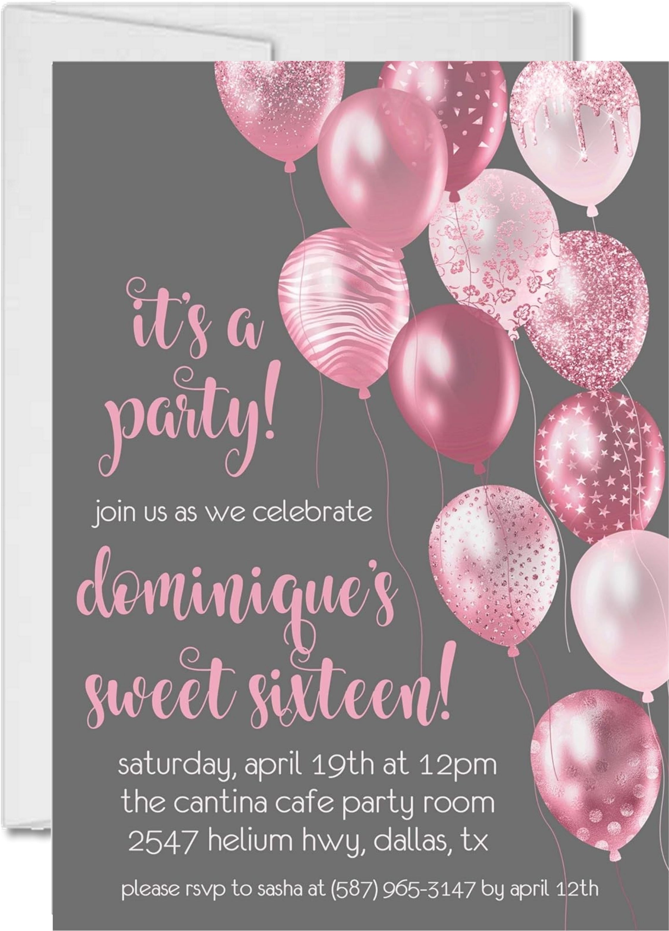 Rose Pink And Grey Balloon Sweet 16 Party Invitations