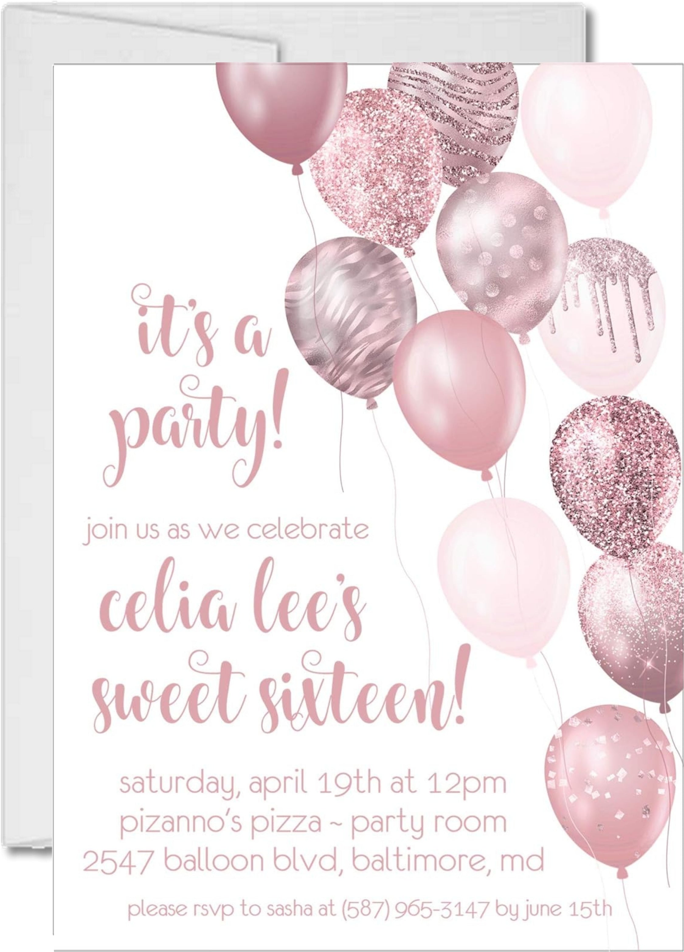 Rose Gold Balloon Sweet 16 Party Invitations