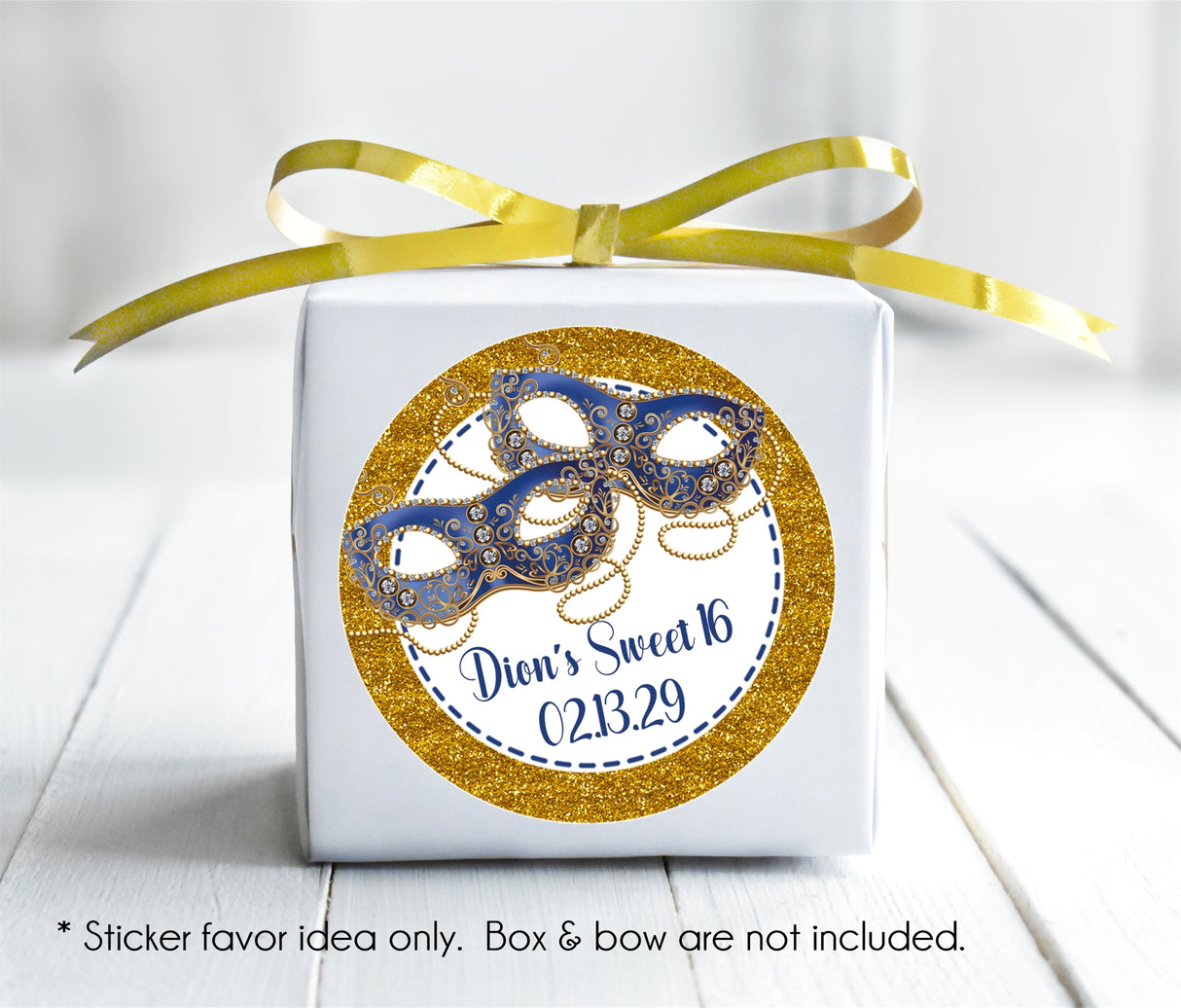 Sweet 16 masquerade favor sticker in blue and gold