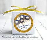 Sweet 16 masquerade favor sticker in blue and gold