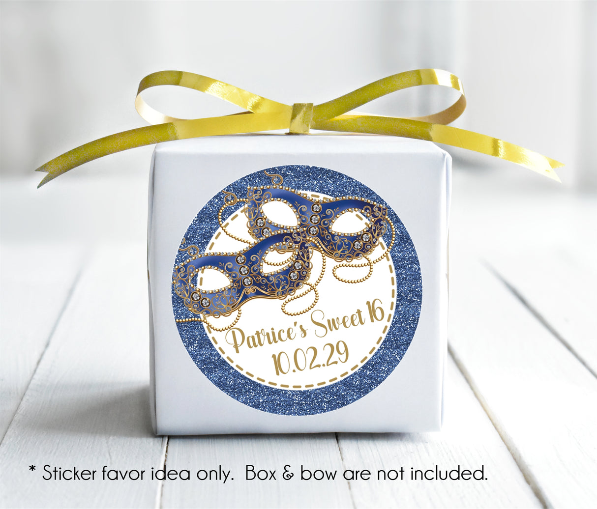 Sweet 16 party favor sticker with blue glitter-style edge