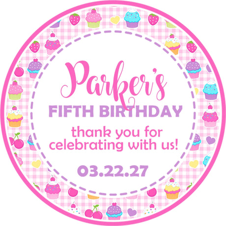 Sweet treat party sticker with cupcakes and soft pastel colors