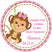 Swinging monkey baby shower sticker with pink bow girl design