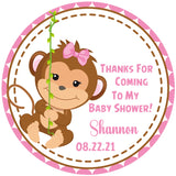 Swinging monkey baby shower sticker with pink bow girl design