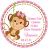 Swinging monkey baby shower sticker with pink bow girl design