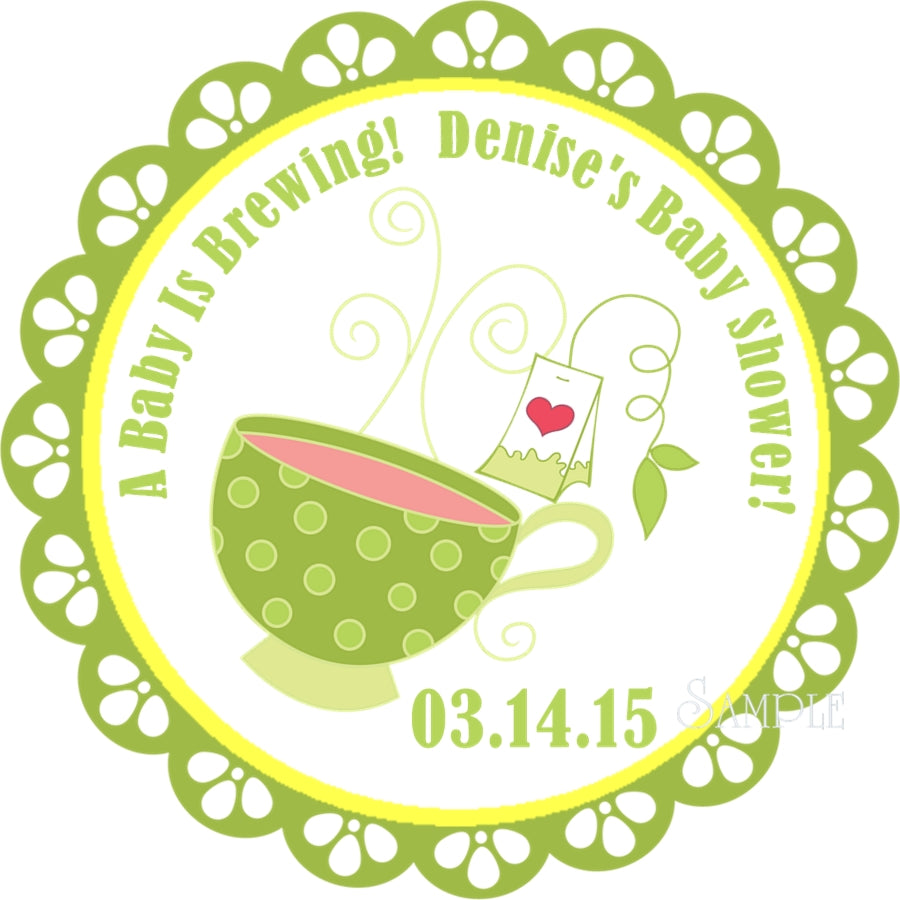 Tea party baby shower sticker with green teacup and brewing theme