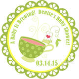 Tea party baby shower sticker with green teacup and brewing theme