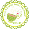 Tea party baby shower sticker with green teacup and brewing theme
