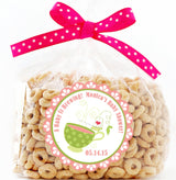 Tea party favor sticker for pink baby shower theme