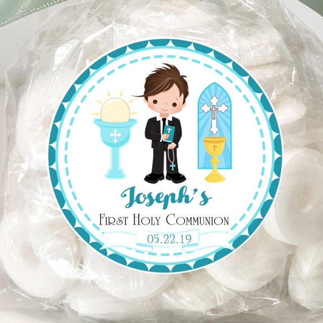Teal boy First Holy Communion sticker with chalice and cross