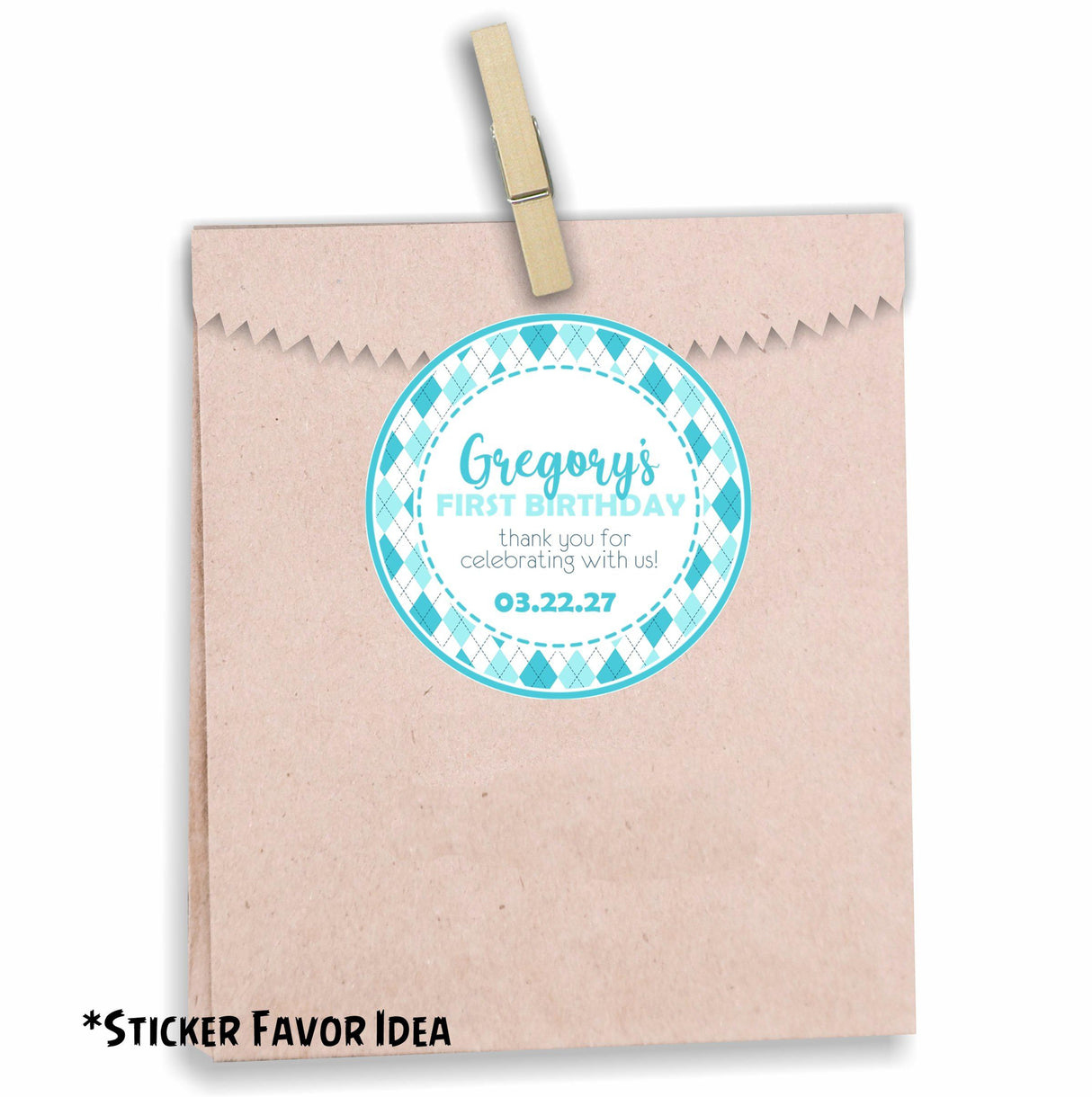 Teal golf party sticker with patterned border