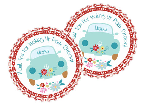 Teal hippie car party favor sticker personalized